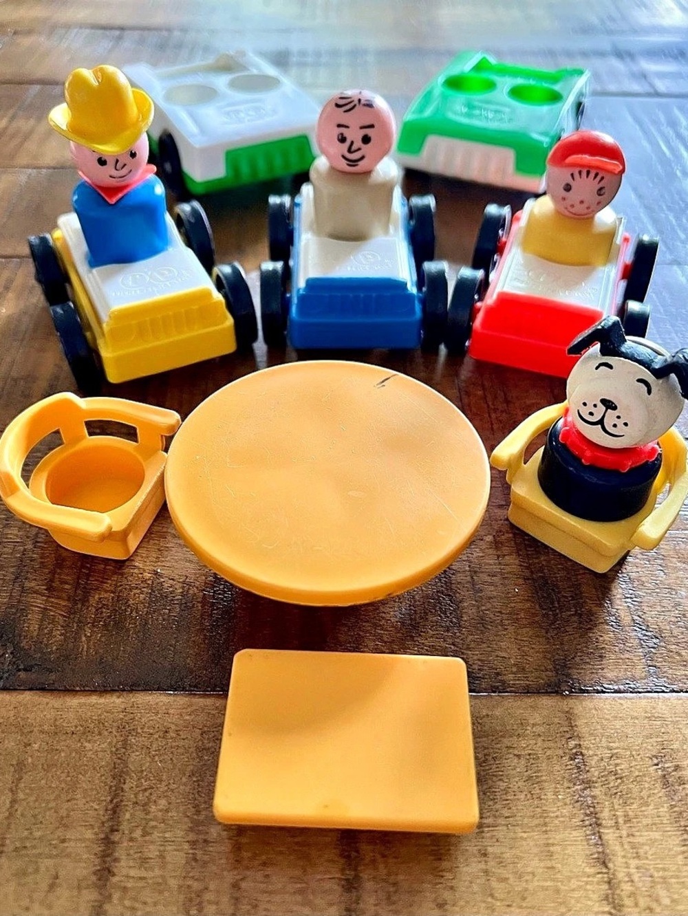 Vintage Fisher Price Little People Vehicles Farmer Boy Dog Table Lot of 13